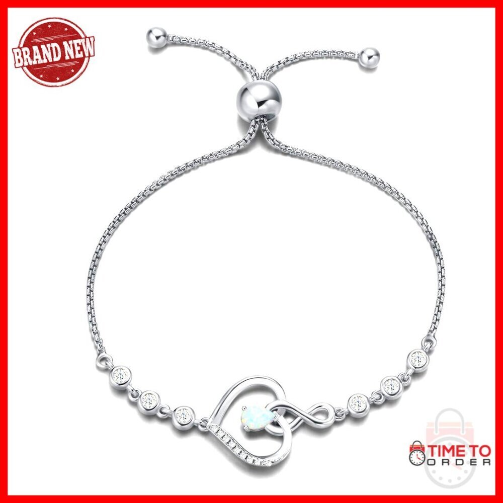 Sterling Silver Opal Tennis Bracelet, Adjustable 9.5", Infinity Heart Pendant